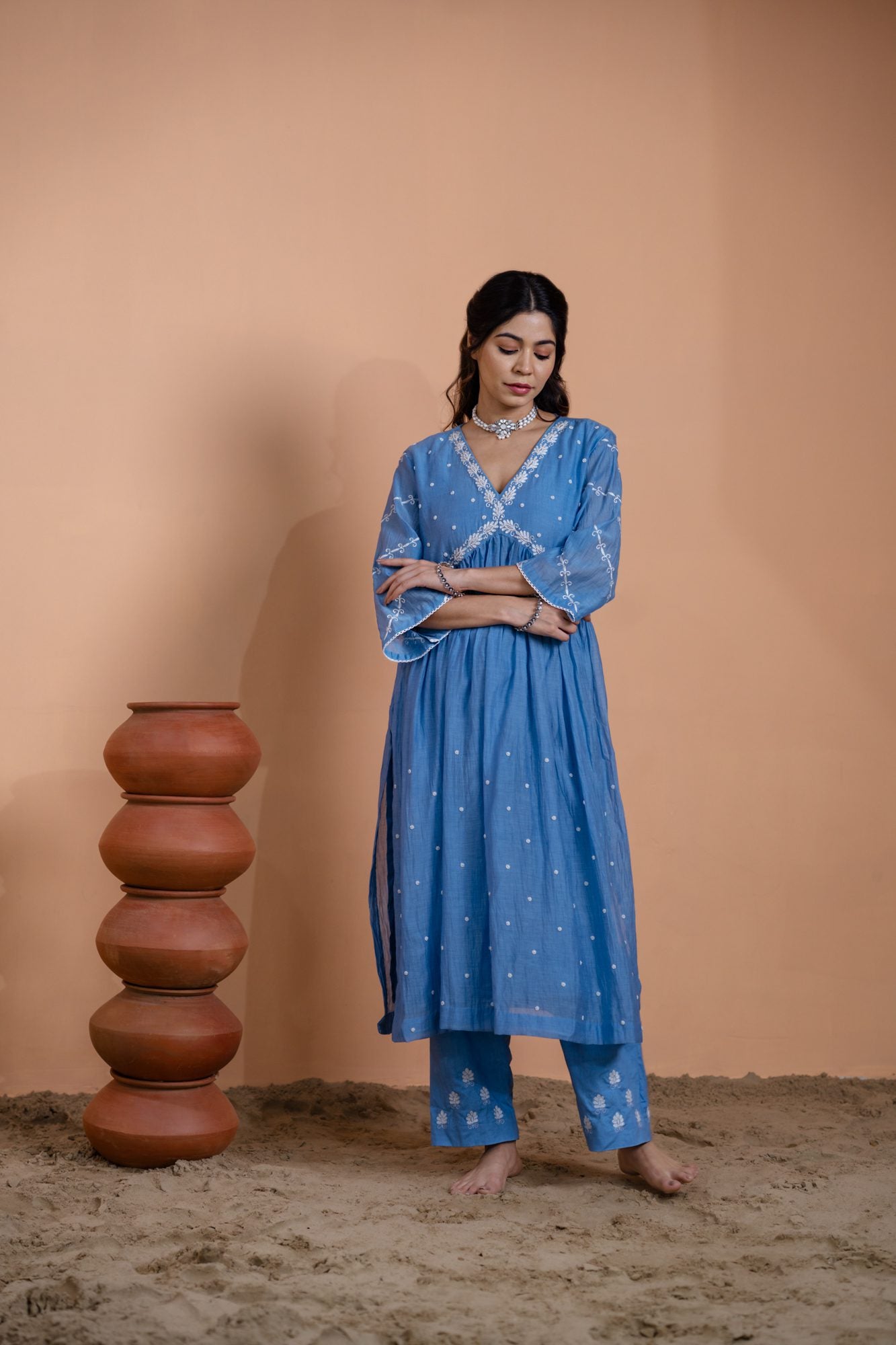Teal Blue Narrow Gathered A-line Kurta Set