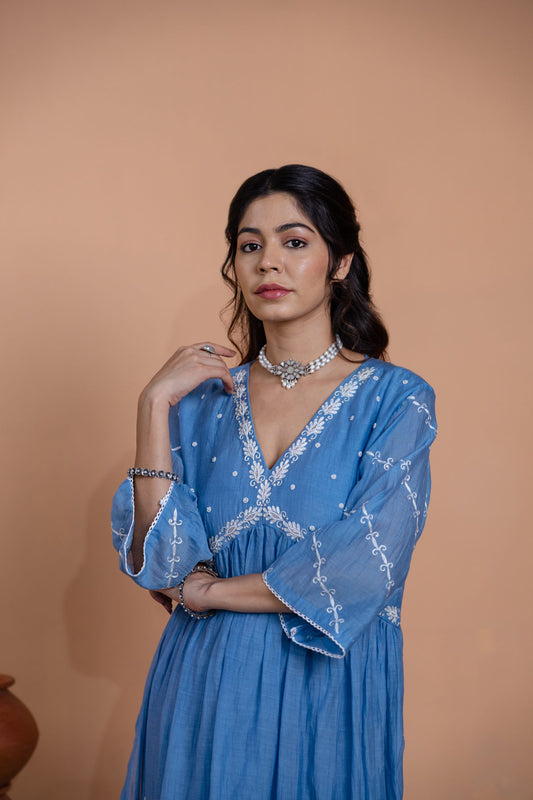 Teal Blue Narrow Gathered A-line Kurta Set
