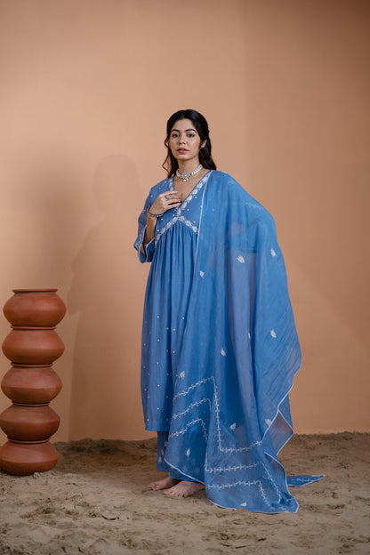 Teal Blue Narrow Gathered A-line Kurta Set