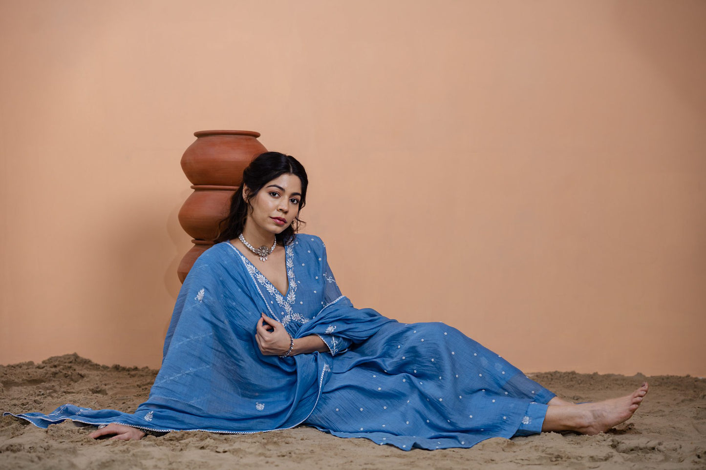 Teal Blue Narrow Gathered A-line Kurta Set