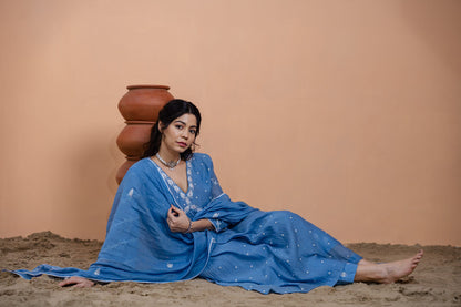 Teal Blue Narrow Gathered A-line Kurta Set