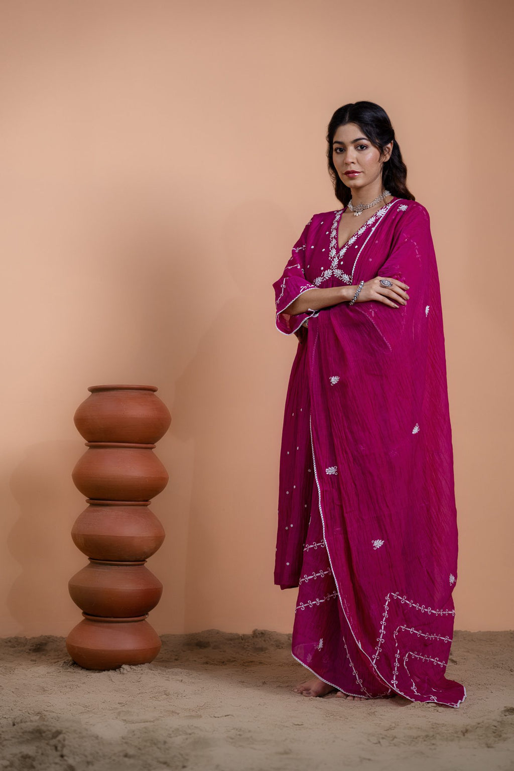 Pink Narrow Gathered A-line Kurta Set
