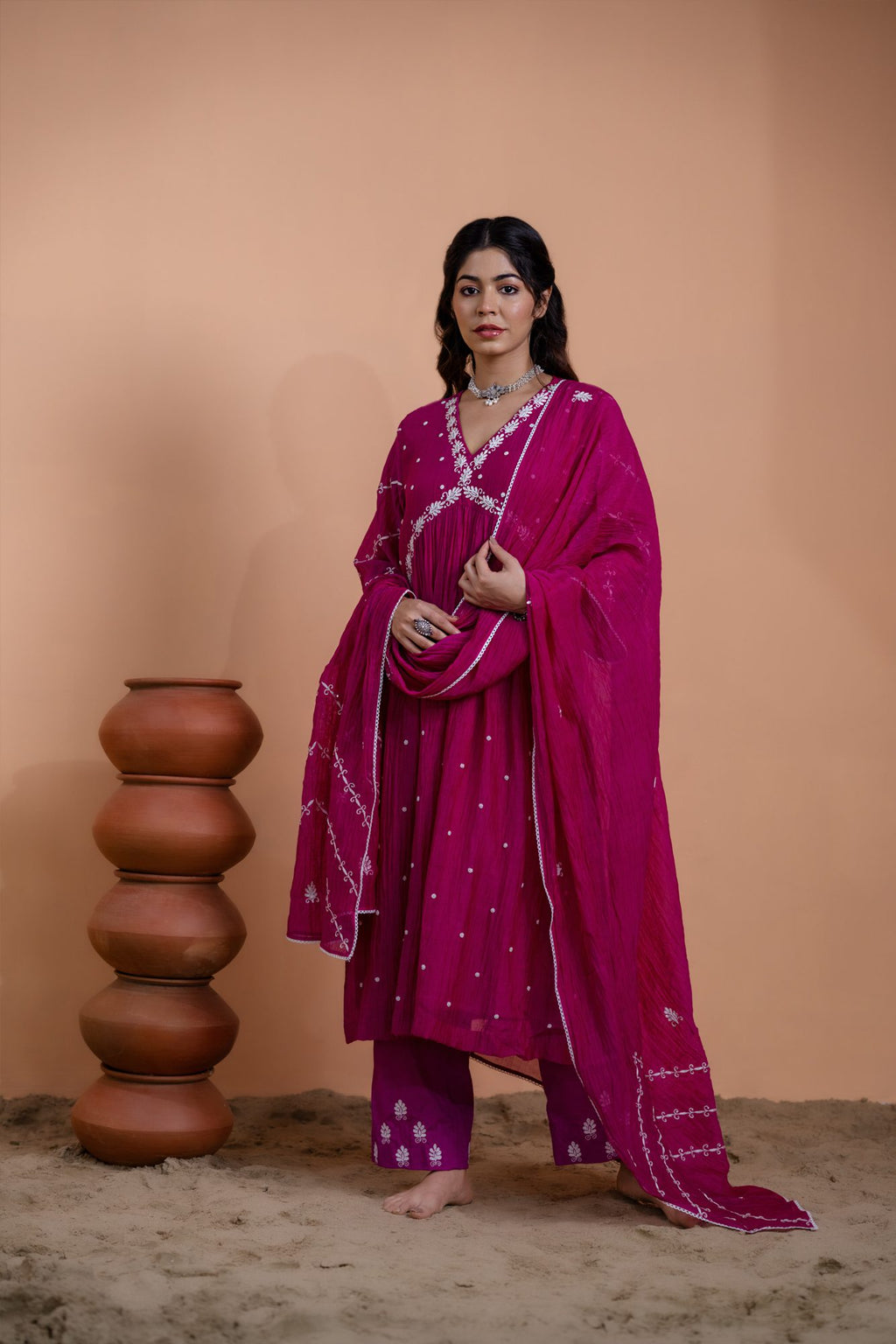 Pink Narrow Gathered A-line Kurta Set
