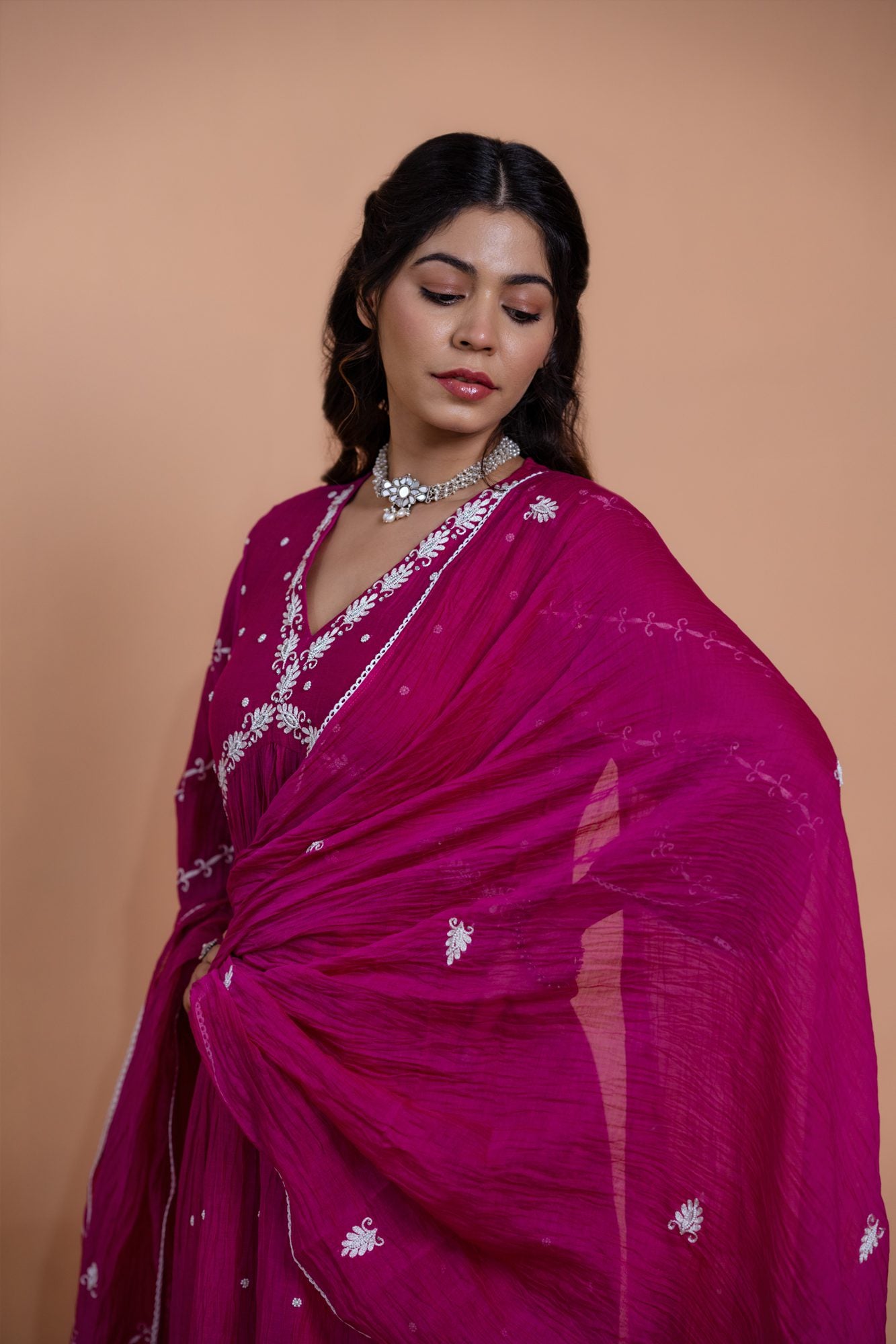 Pink Narrow Gathered A-line Kurta Set