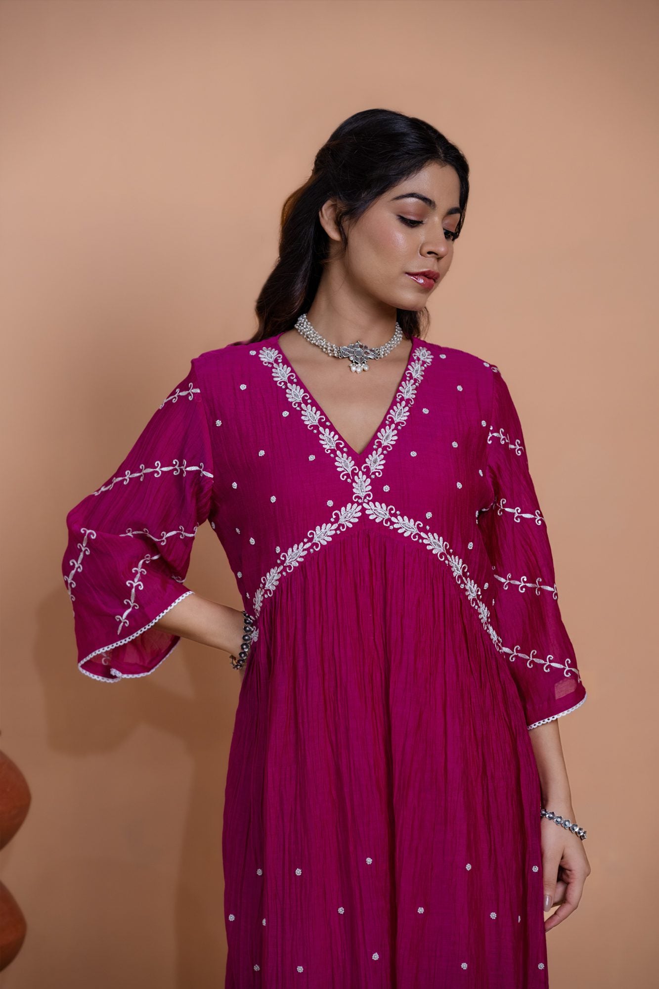 Pink Narrow Gathered A-line Kurta Set
