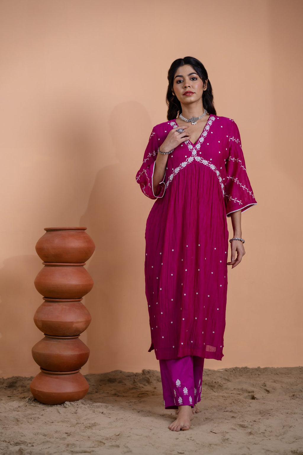 Pink Narrow Gathered A-line Kurta Set