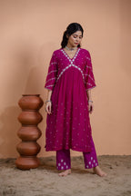 Pink Narrow Gathered A-line Kurta Set
