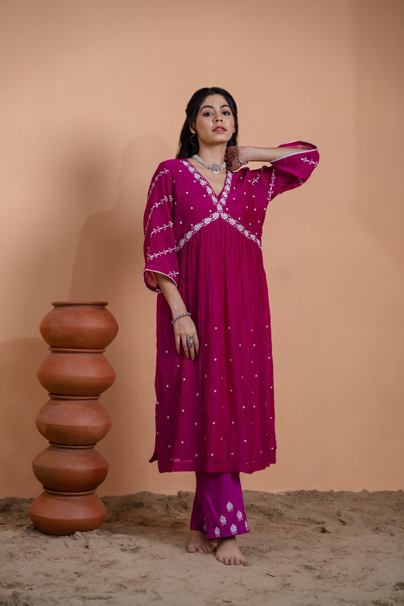 Pink Narrow Gathered A-line Kurta Set