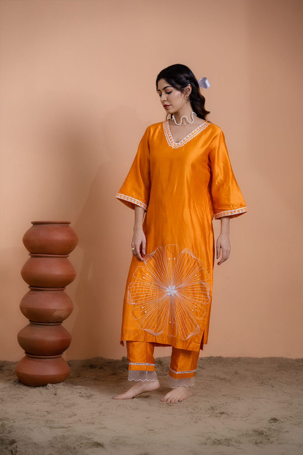 Orange Floral Motif Suit Set