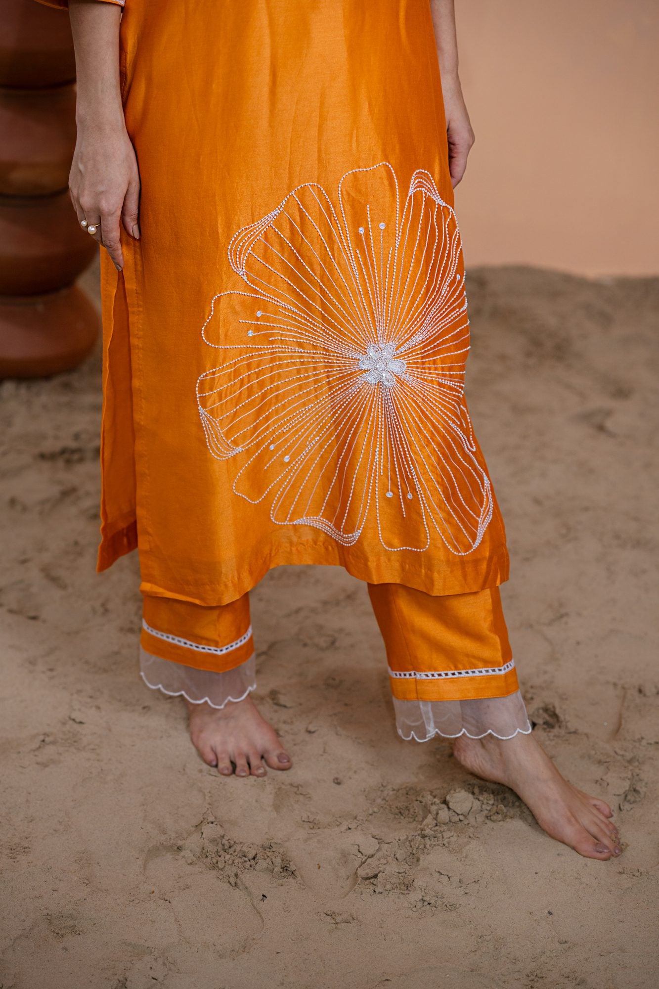 Orange Floral Motif Suit Set