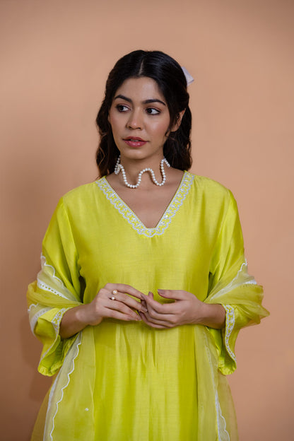 Neon Green Floral Motif Suit Set