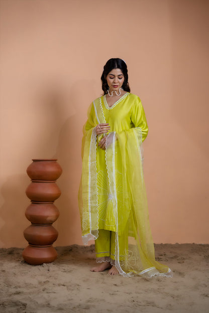 Neon Green Floral Motif Suit Set