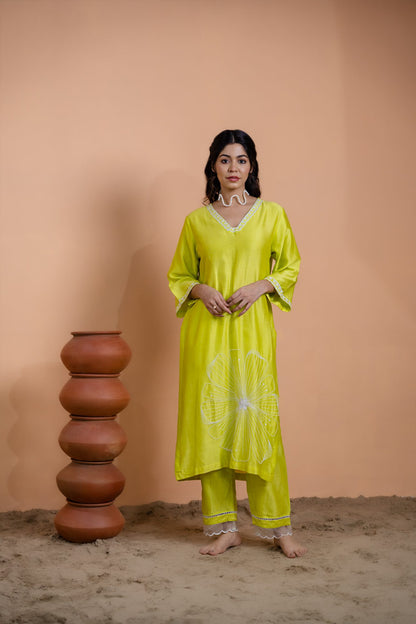 Neon Green Floral Motif Suit Set