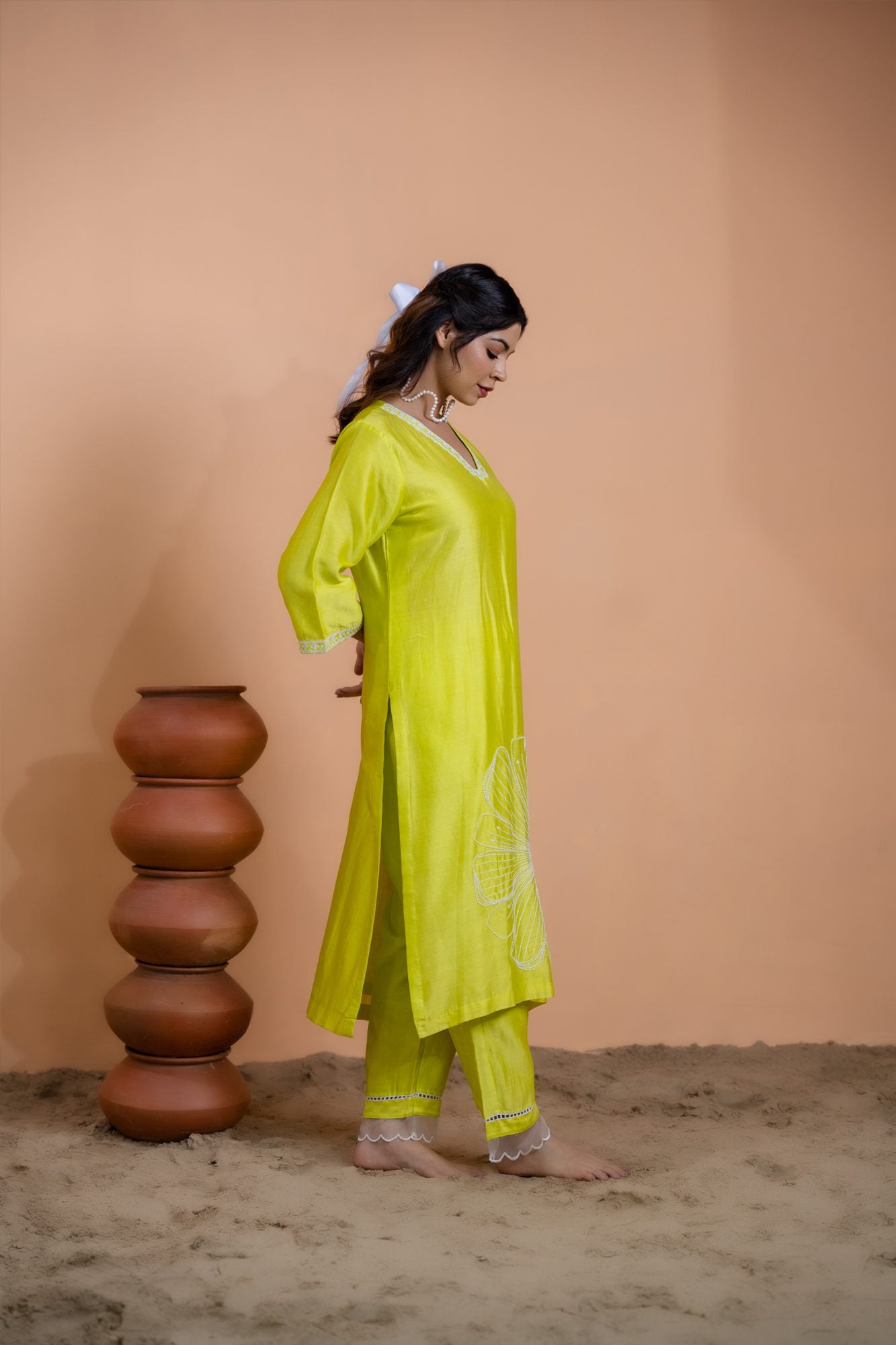 Neon Green Floral Motif Suit Set