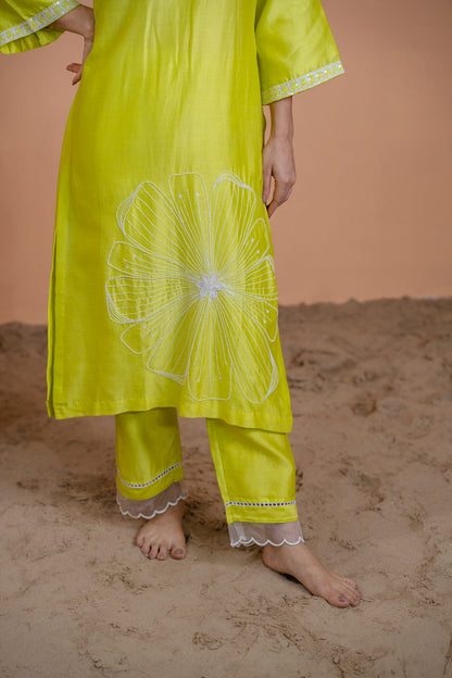 Neon Green Floral Motif Suit Set