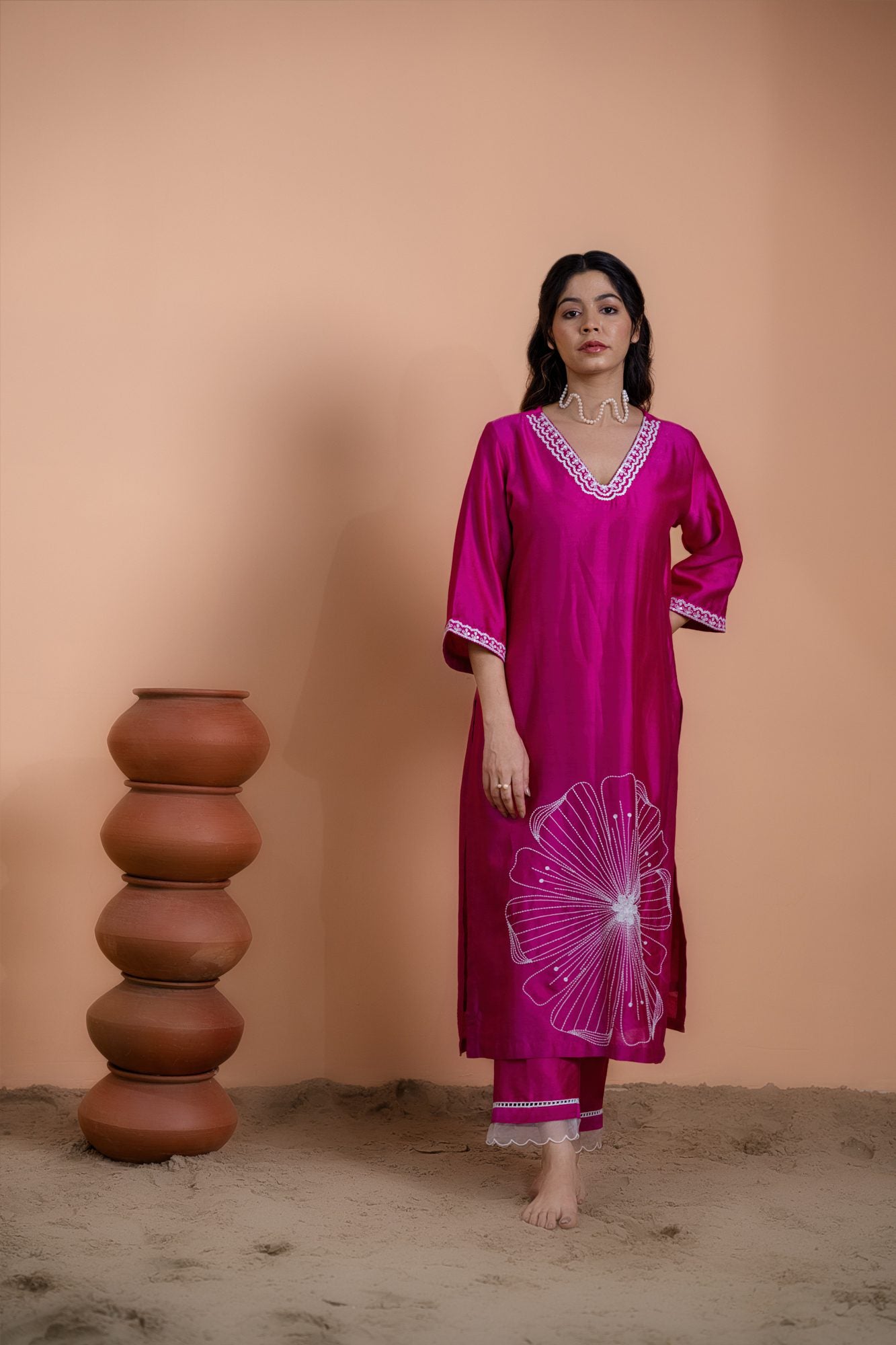 Pink Floral Motif Straight Kurta Set