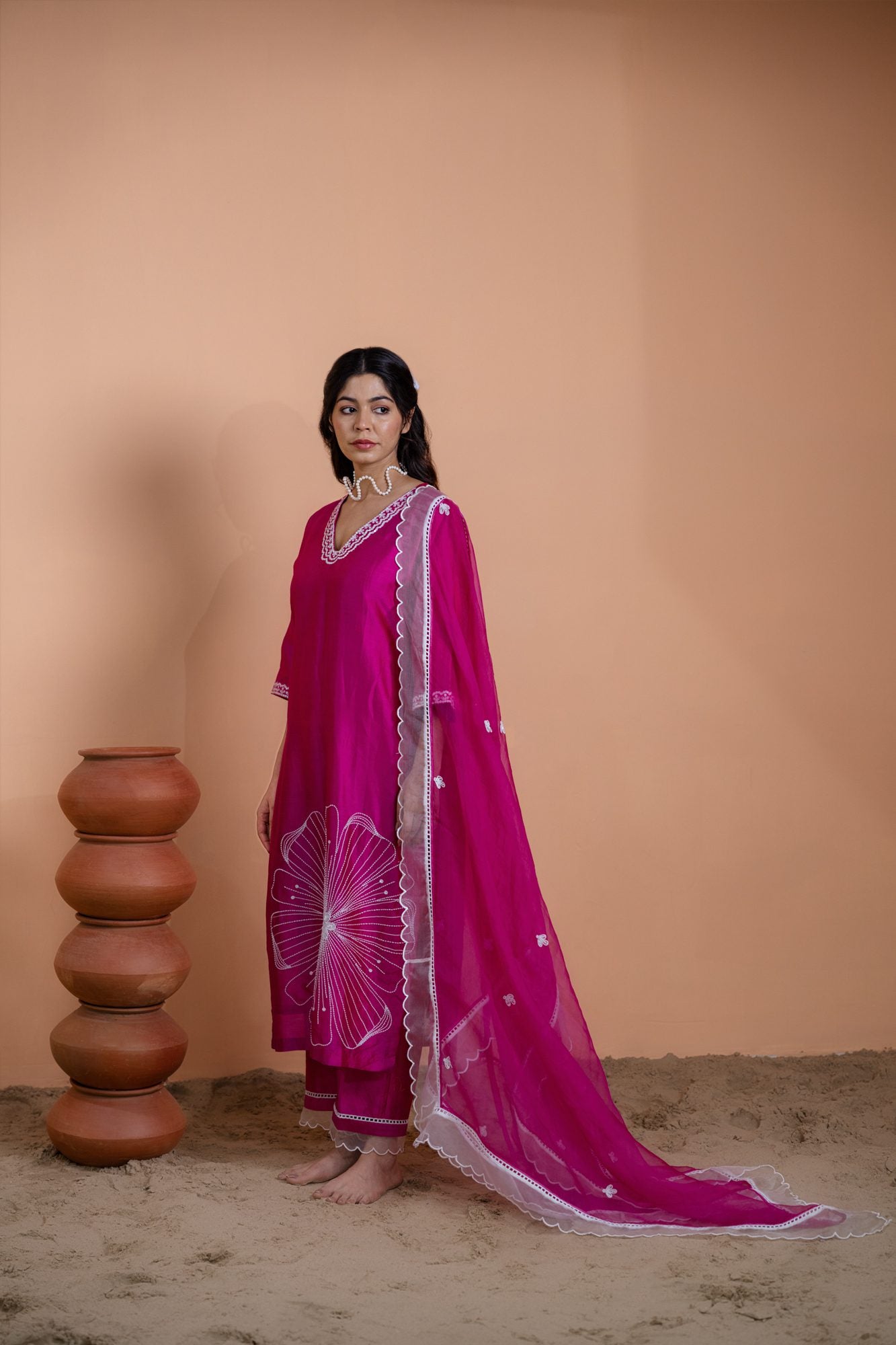 Pink Floral Motif Straight Kurta Set