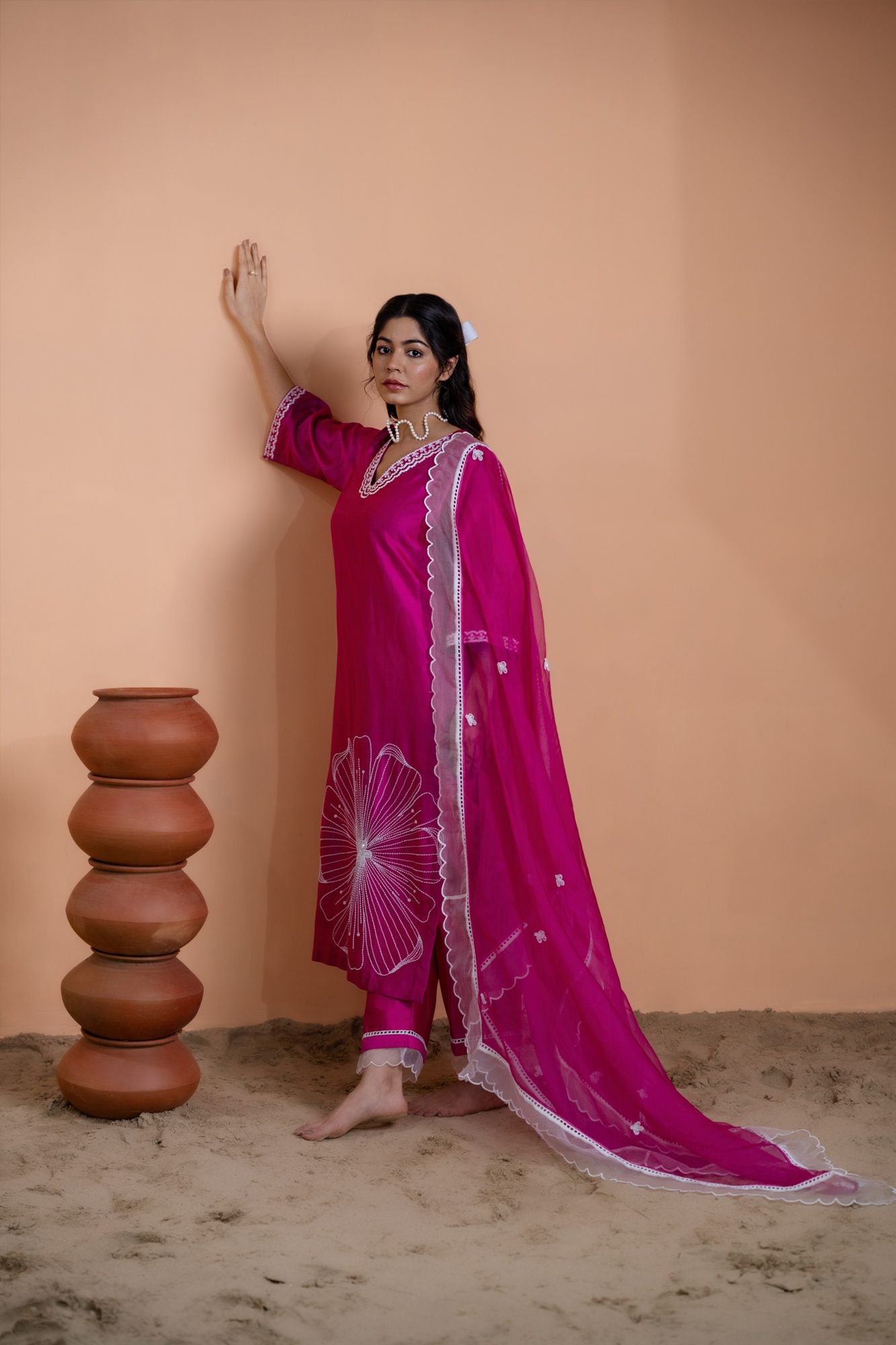 Pink Floral Motif Straight Kurta Set