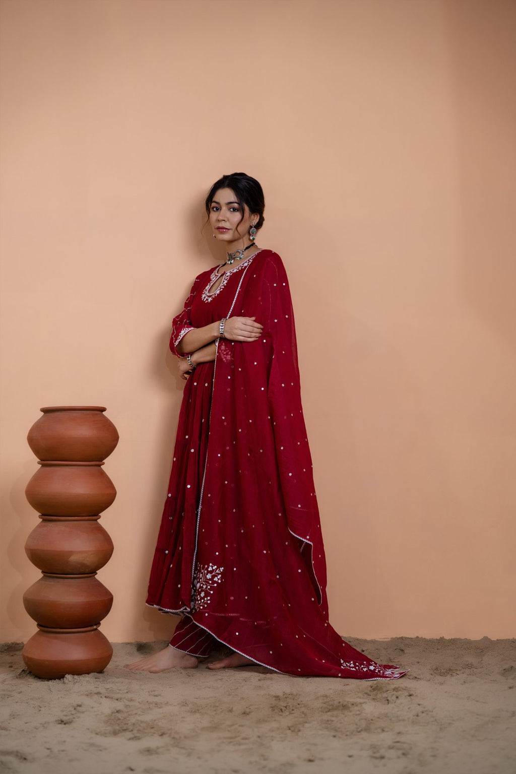 Maroon Tiered Anarkali Set