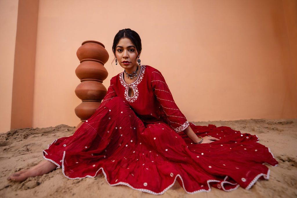Maroon Tiered Anarkali Set