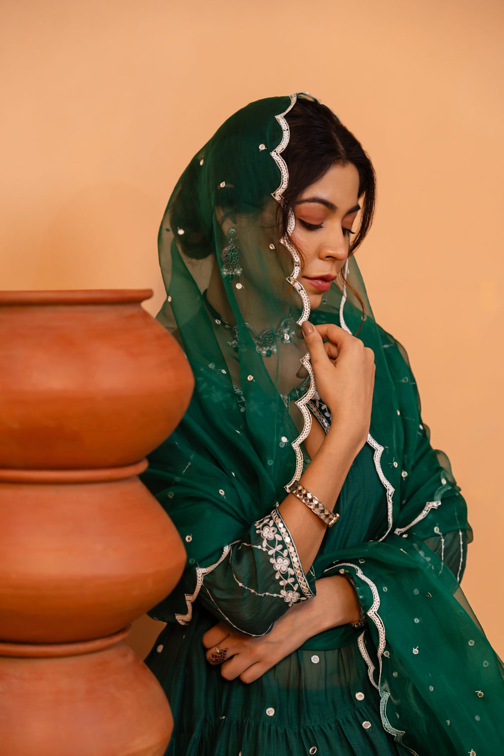 Emerald Green Tiered Anarkali Set