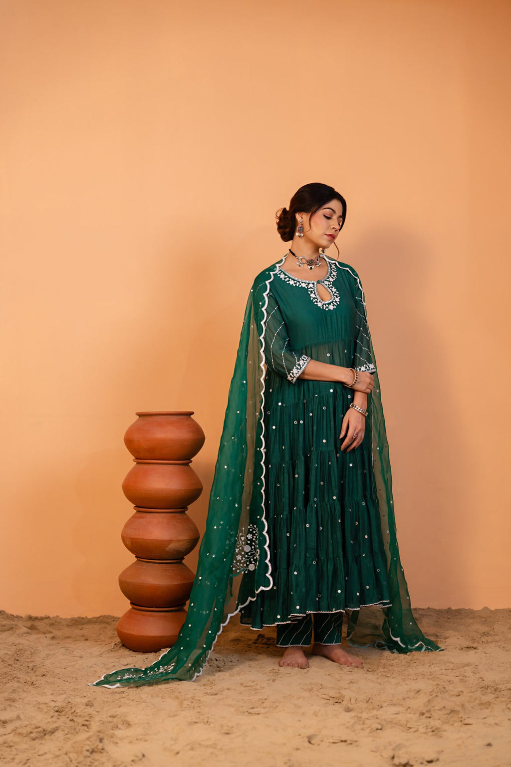 Emerald Green Tiered Anarkali Set
