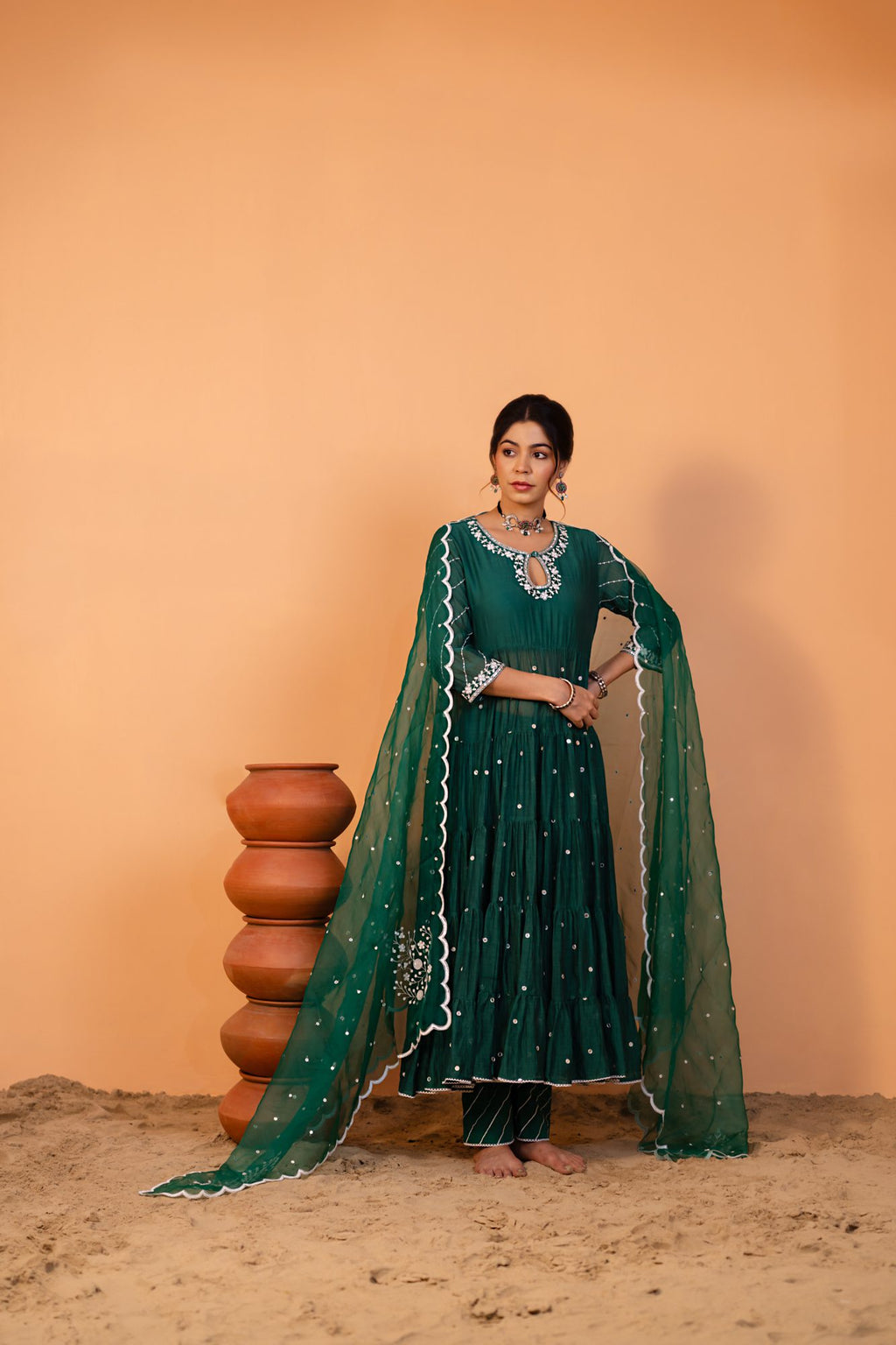 Emerald Green Tiered Anarkali Set