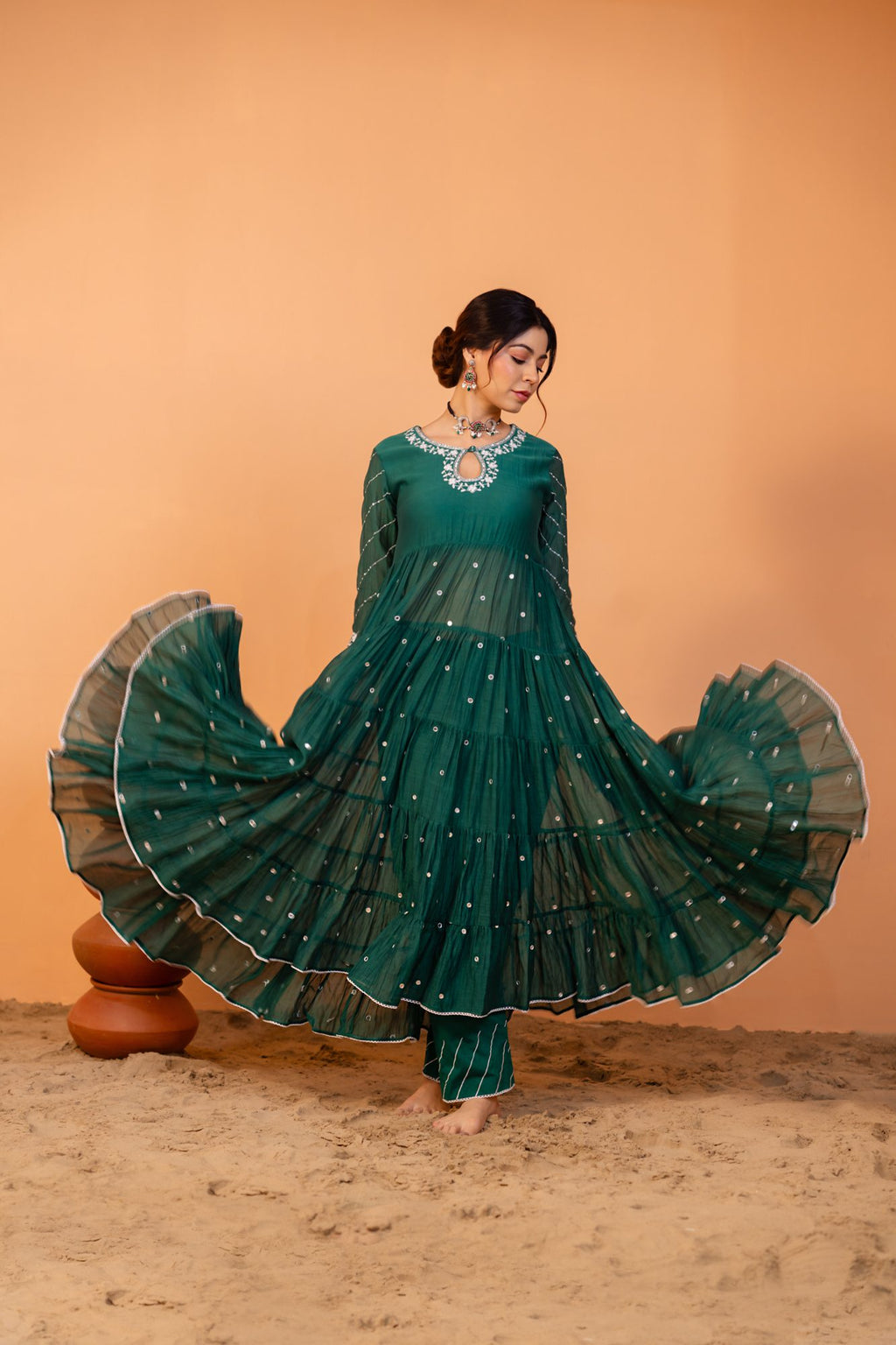 Emerald Green Tiered Anarkali Set