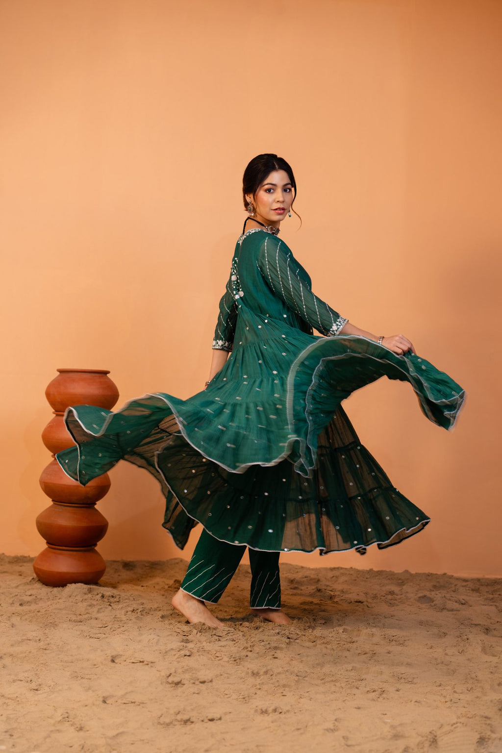 Emerald Green Tiered Anarkali Set