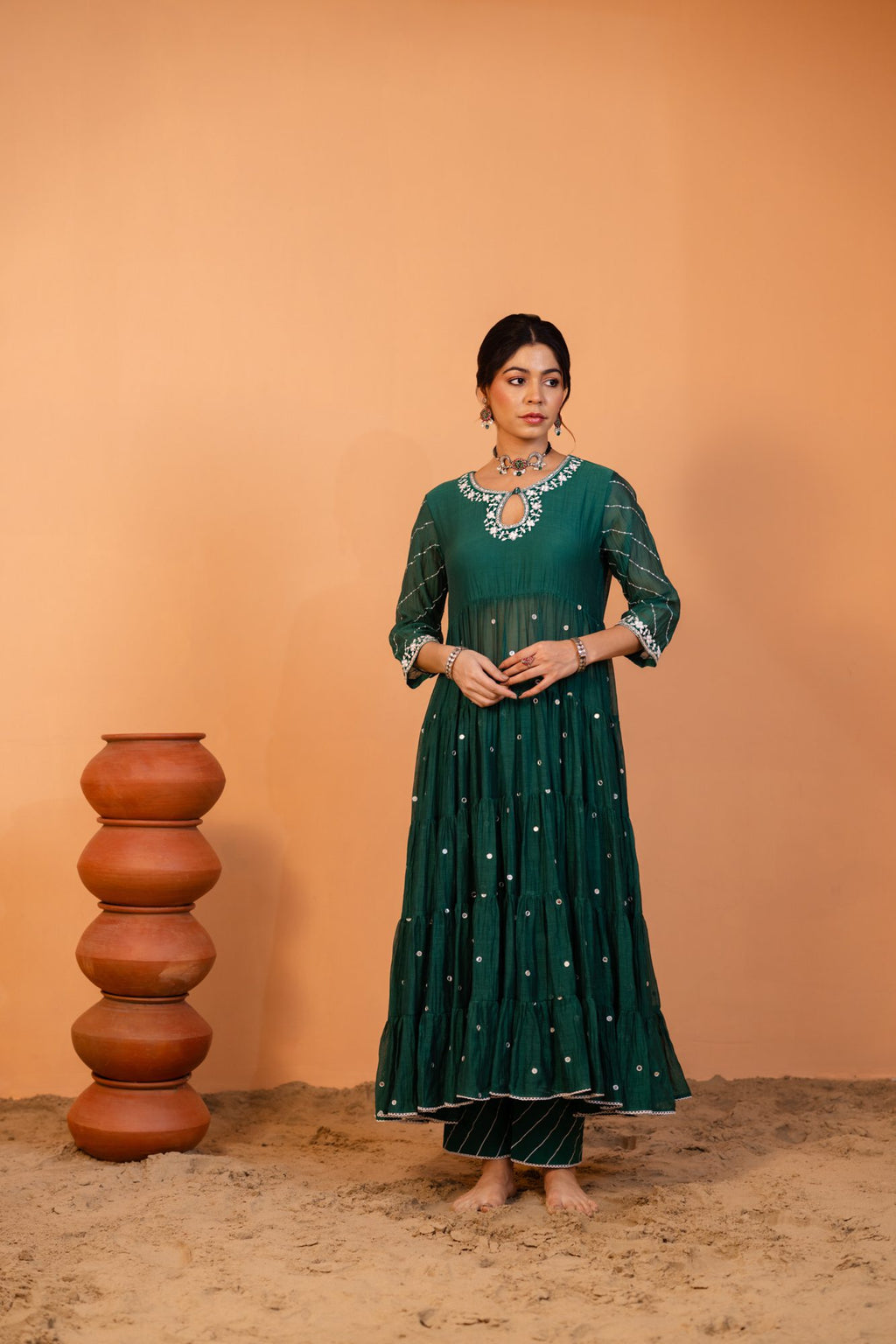 Emerald Green Tiered Anarkali Set