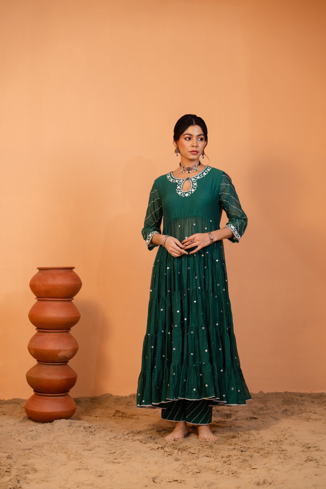 Emerald Green Tiered Anarkali Set