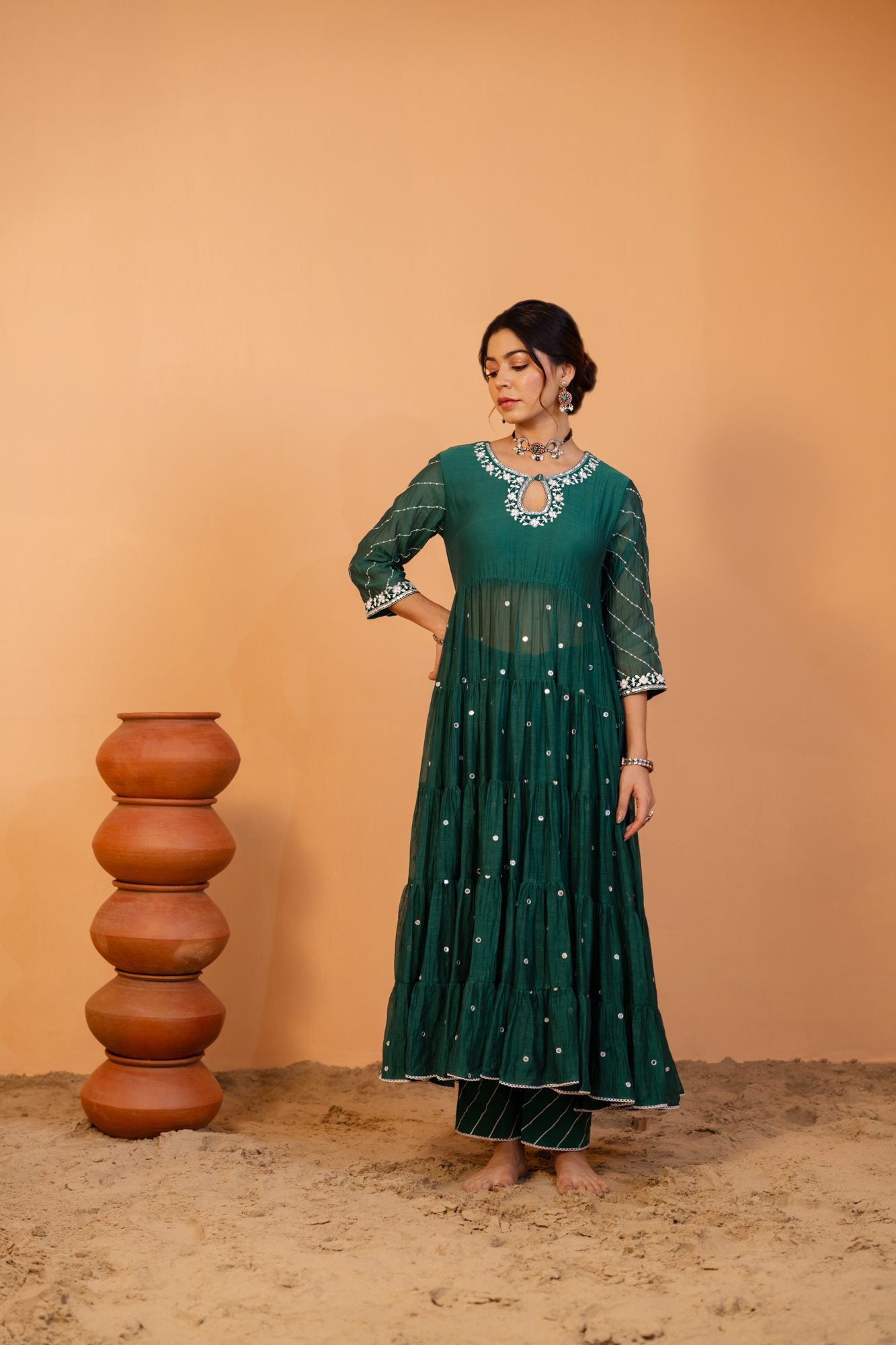 Emerald Green Tiered Anarkali Set
