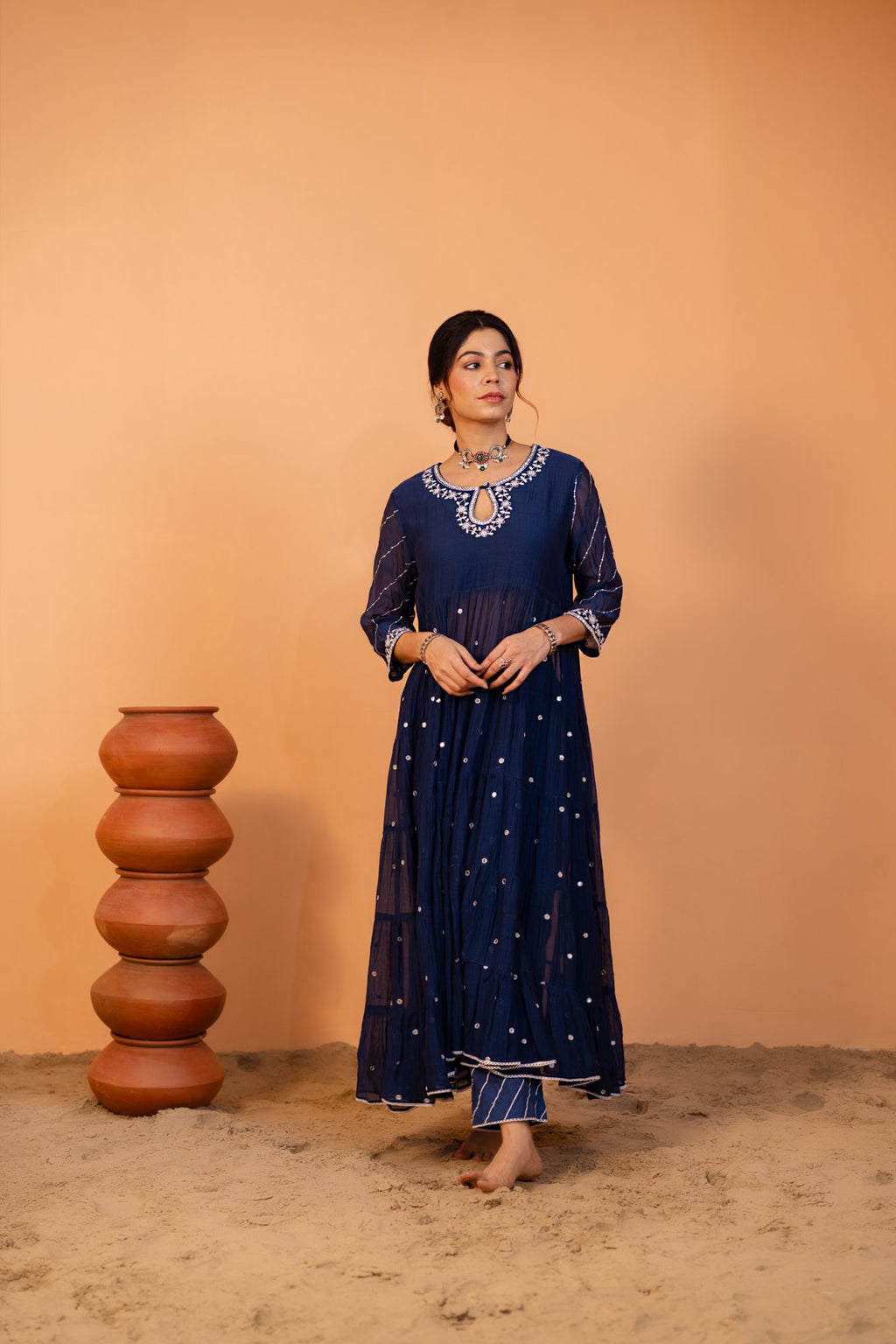 Mid Night Blue Tiered Anarkali Set