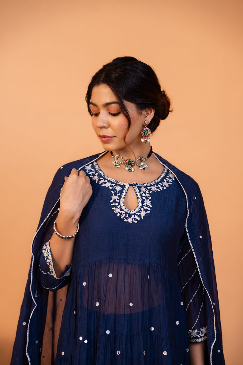 Mid Night Blue Tiered Anarkali Set