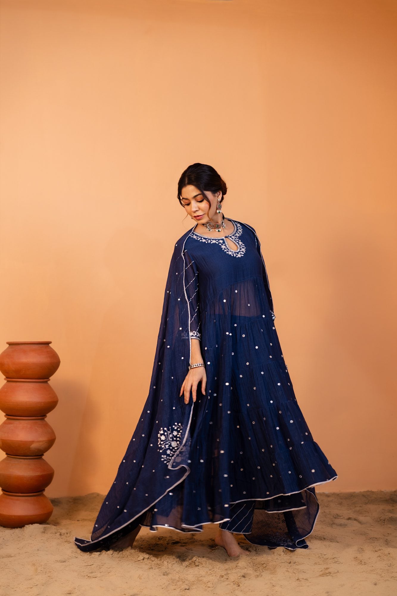Mid Night Blue Tiered Anarkali Set