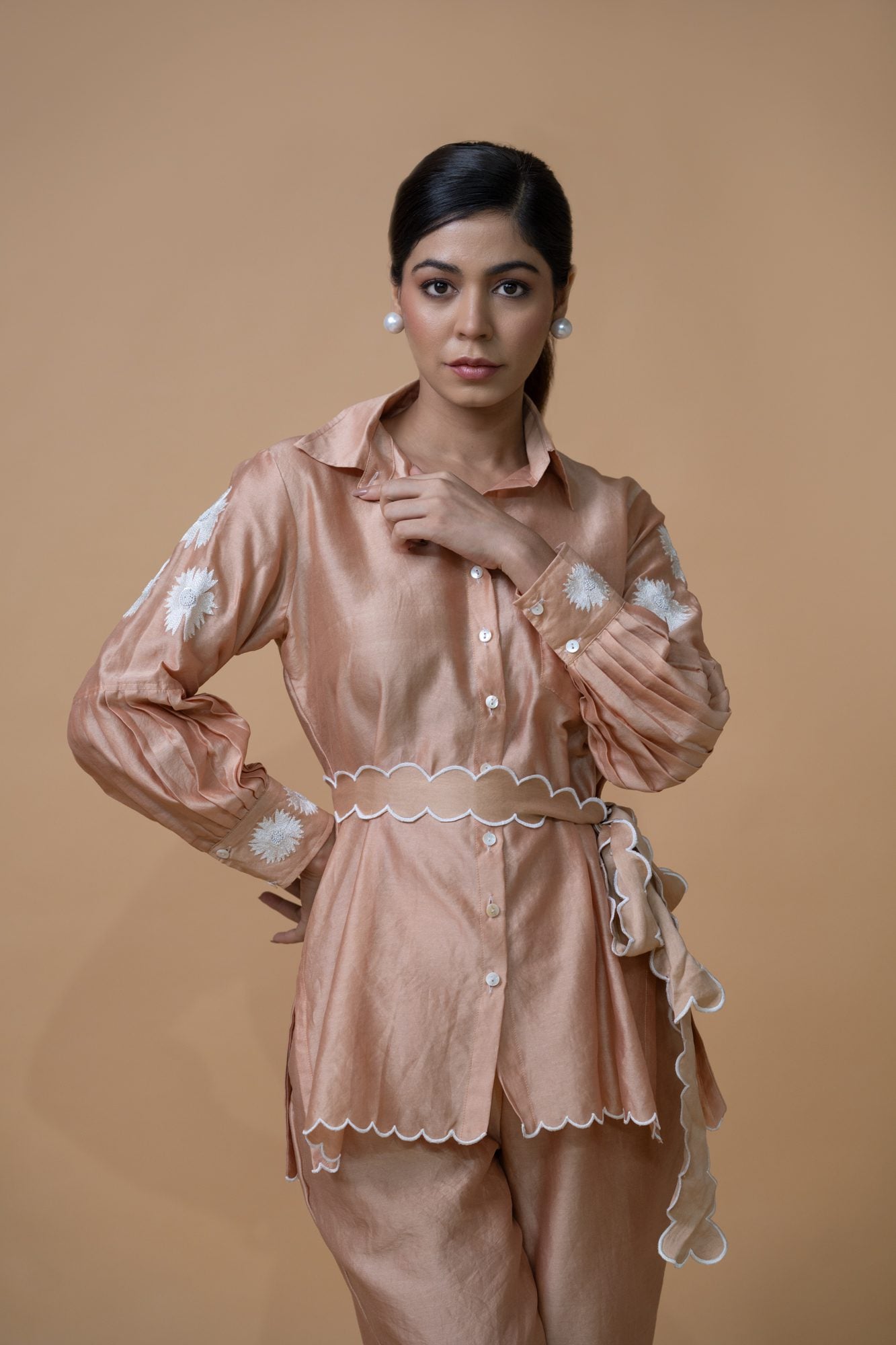 Beige Pleated Coord Set