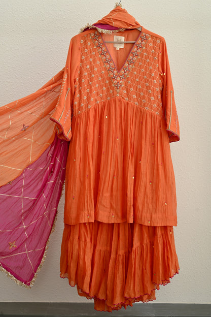 Orange Narrow Gathered Sharara Set