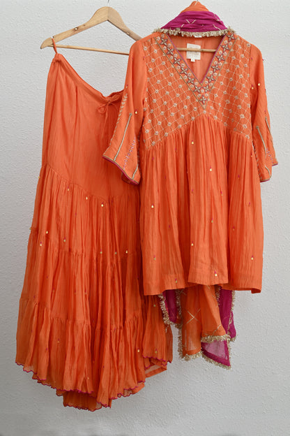 Orange Narrow Gathered Sharara Set