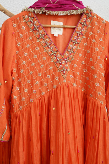 Orange Narrow Gathered Sharara Set