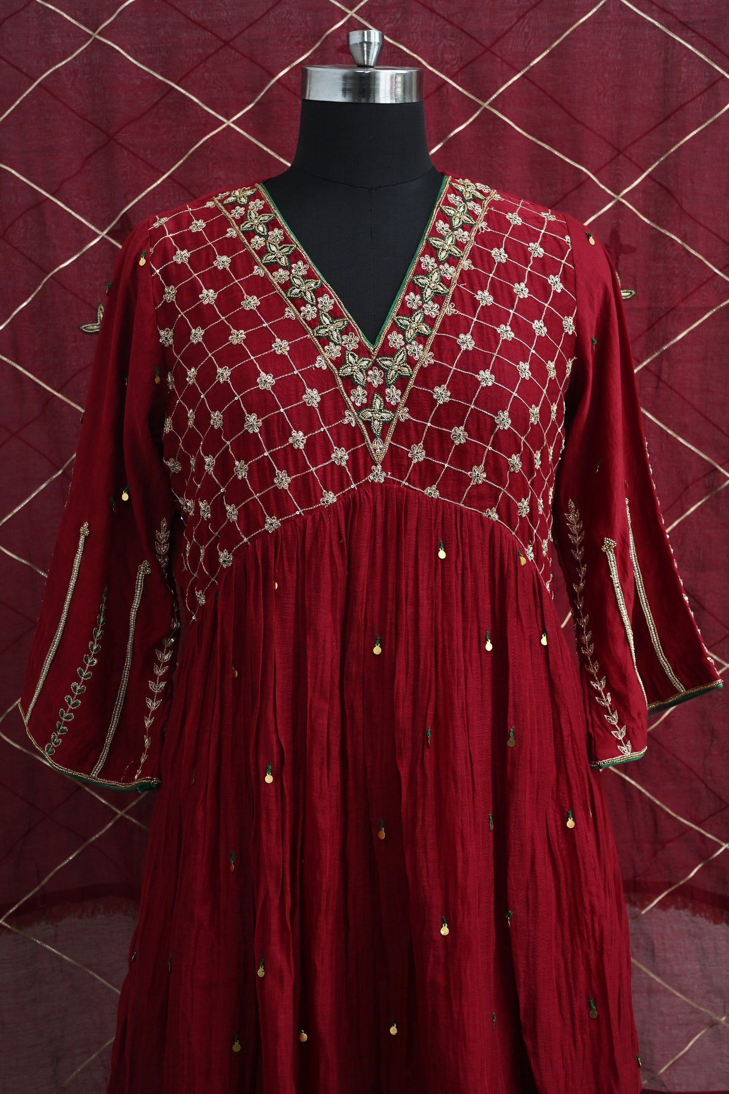 Dark Red Moti Jaal Sharara Set
