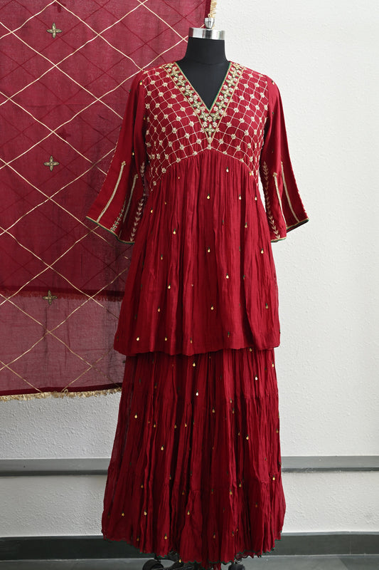 Dark Red Moti Jaal Sharara Set