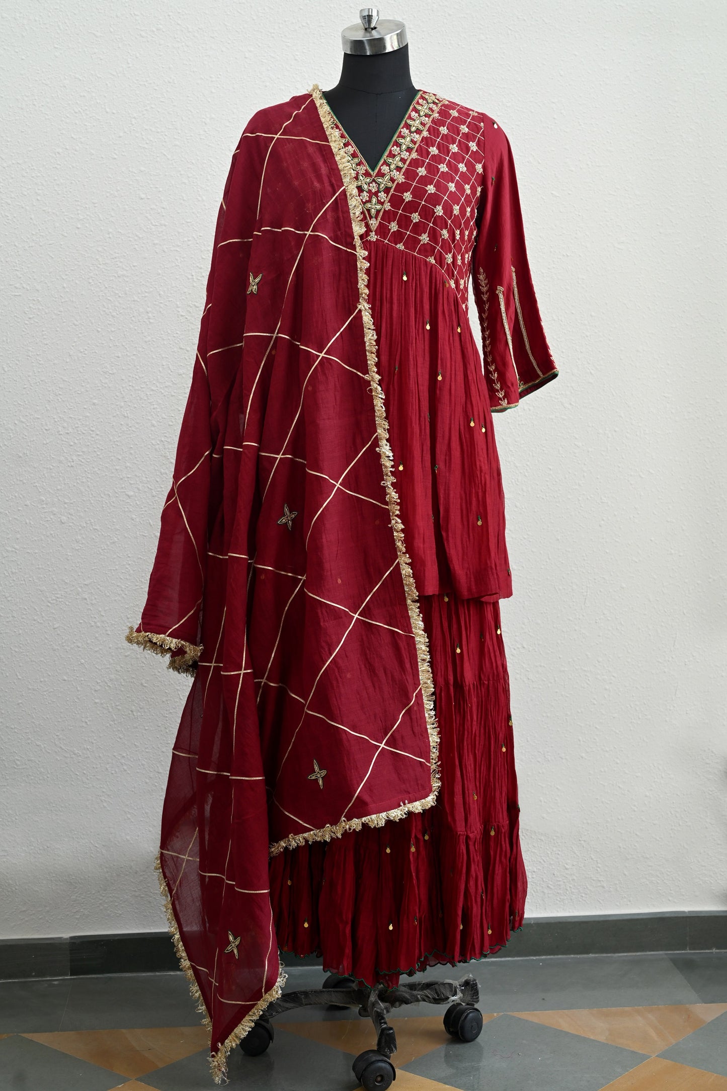Dark Red Moti Jaal Sharara Set