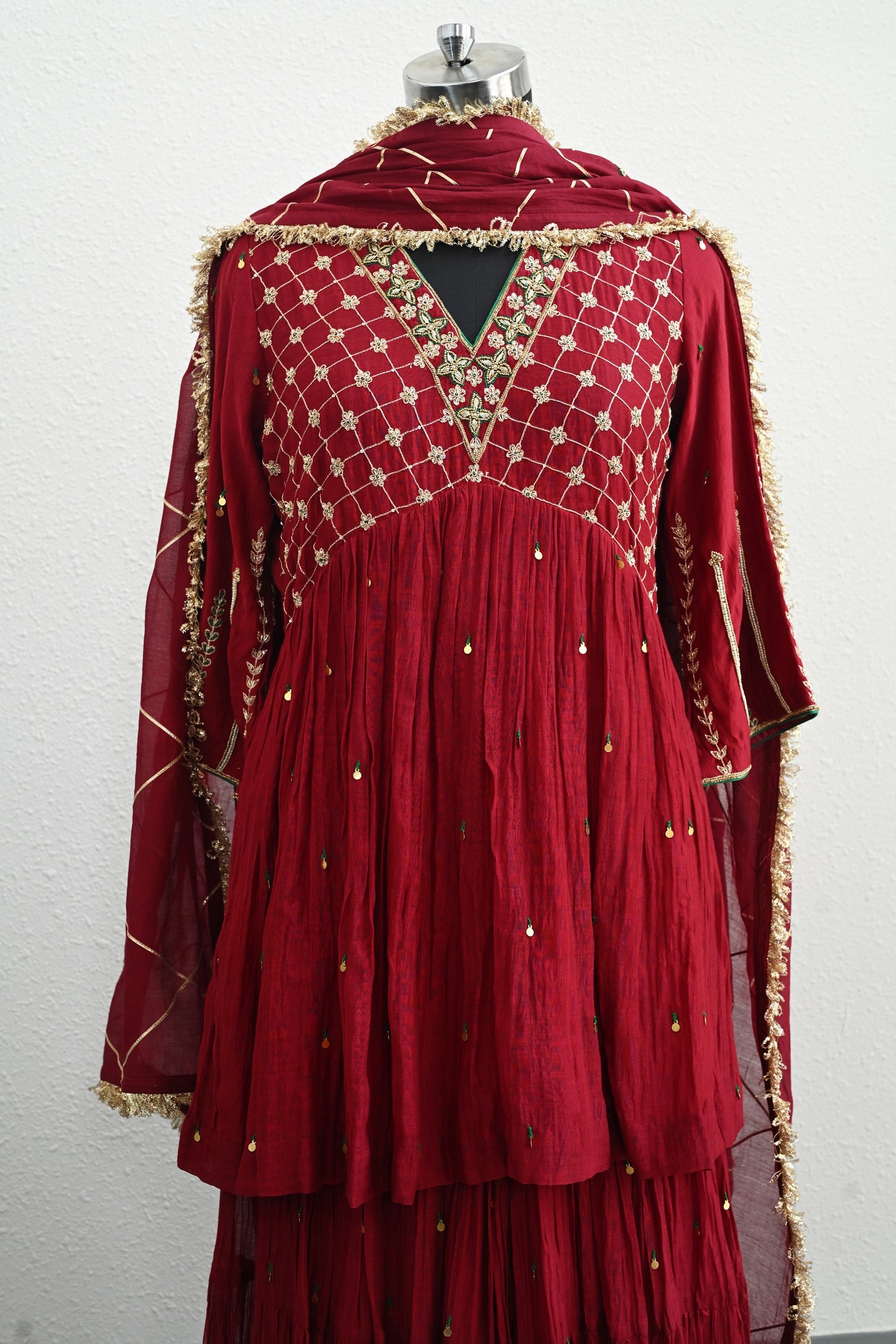 Dark Red Moti Jaal Sharara Set