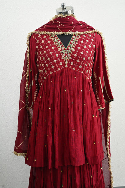 Dark Red Moti Jaal Sharara Set