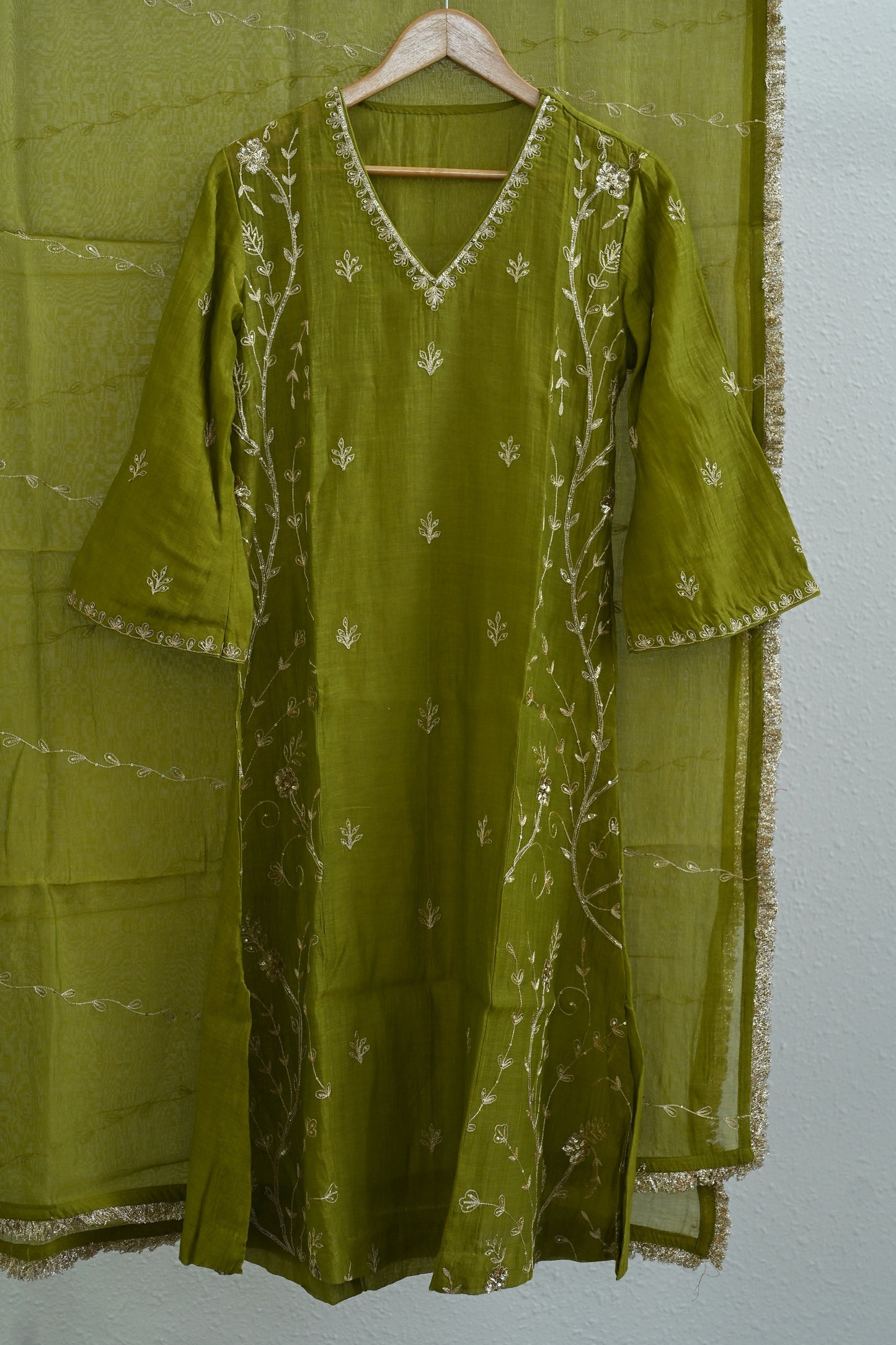 Olive Green Side Panel Kurta Set
