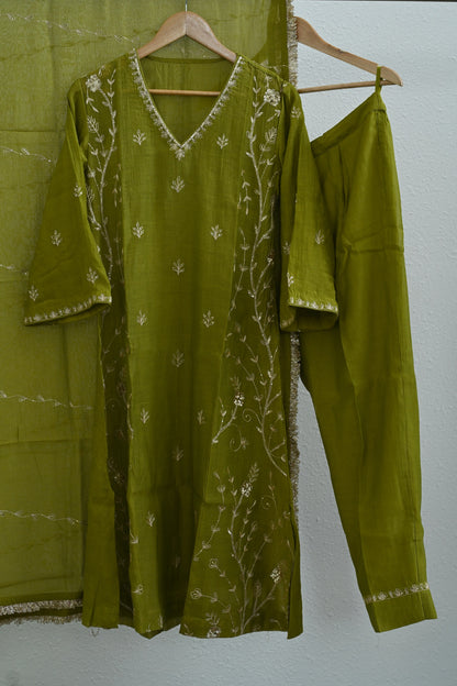 Olive Green Side Panel Kurta Set