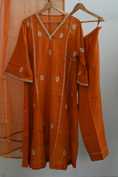 Orange Rust Side Panel Kurta Set