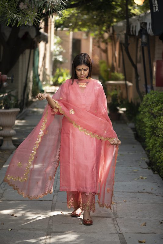Peach Chanderi Silk Suit Set