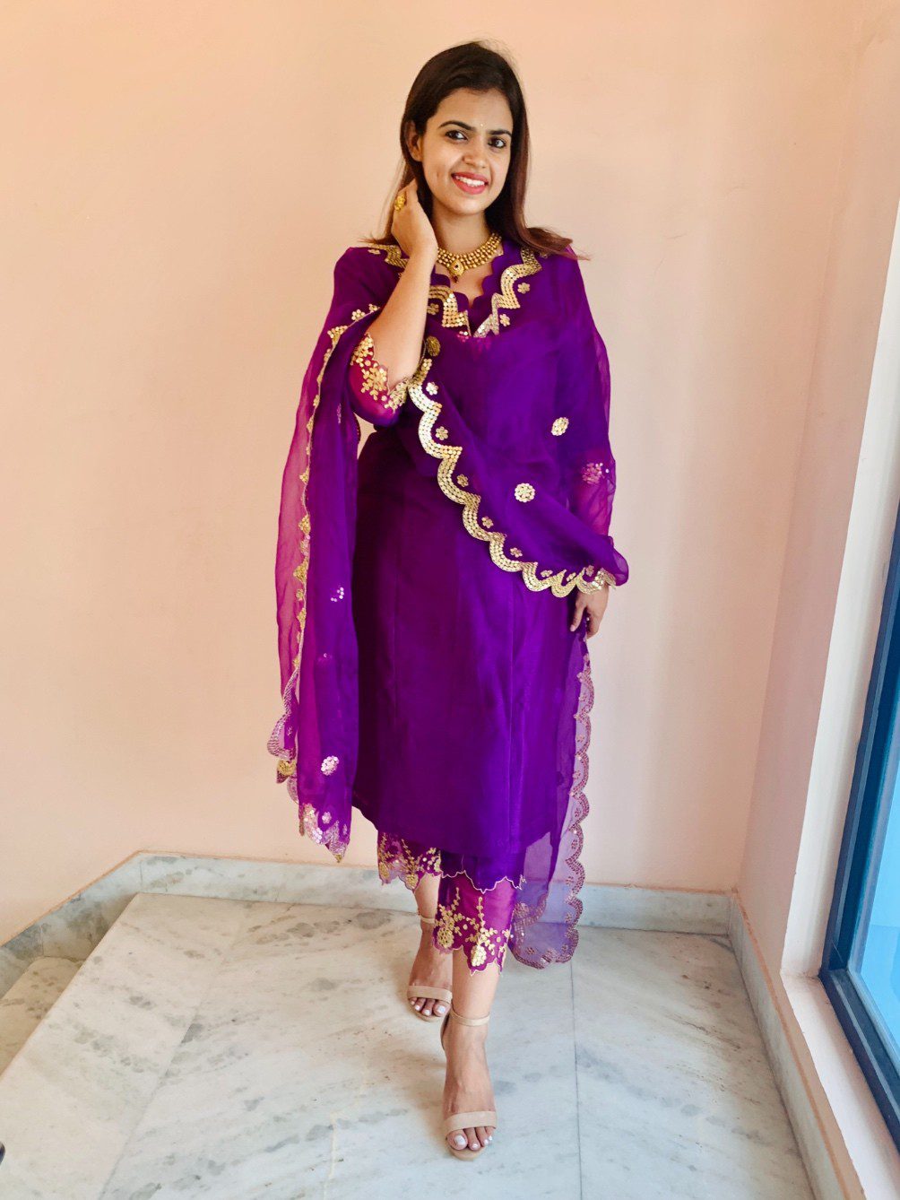 Purple Chanderi Silk Straight Kurta Set
