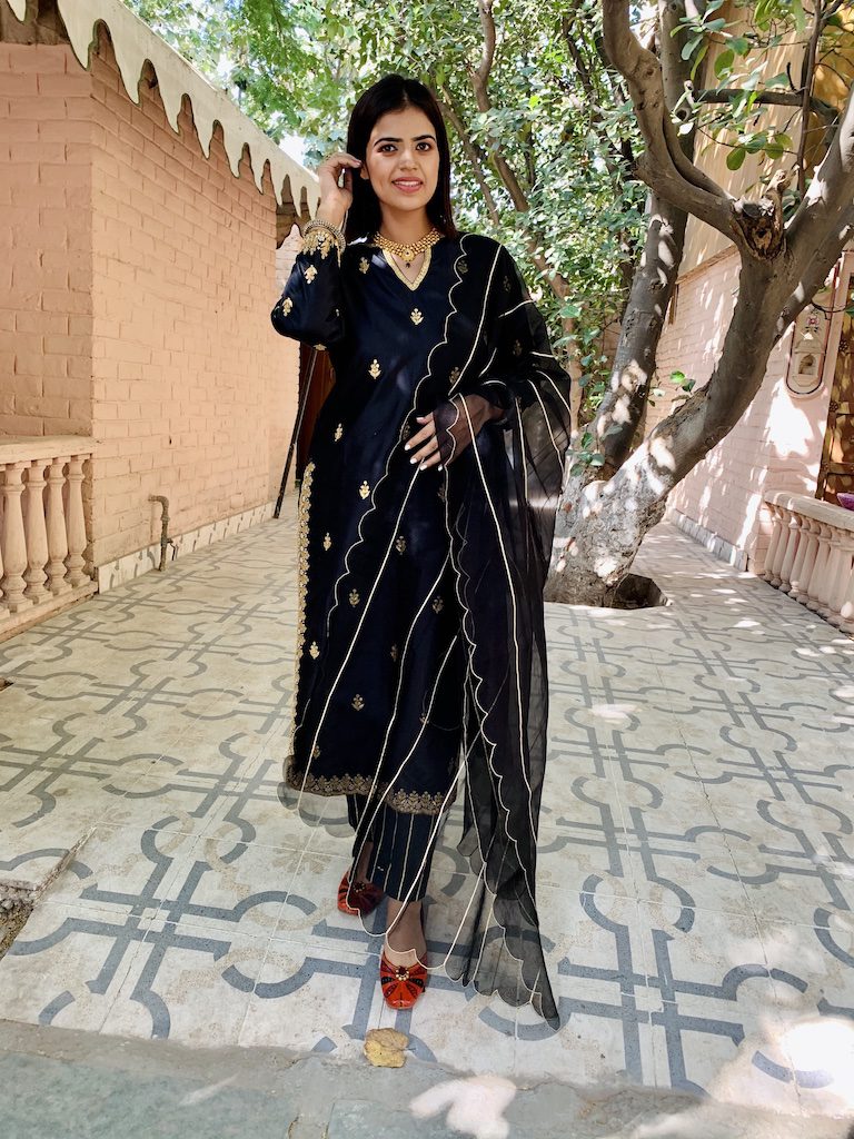 Black Silk Straight Suit Set